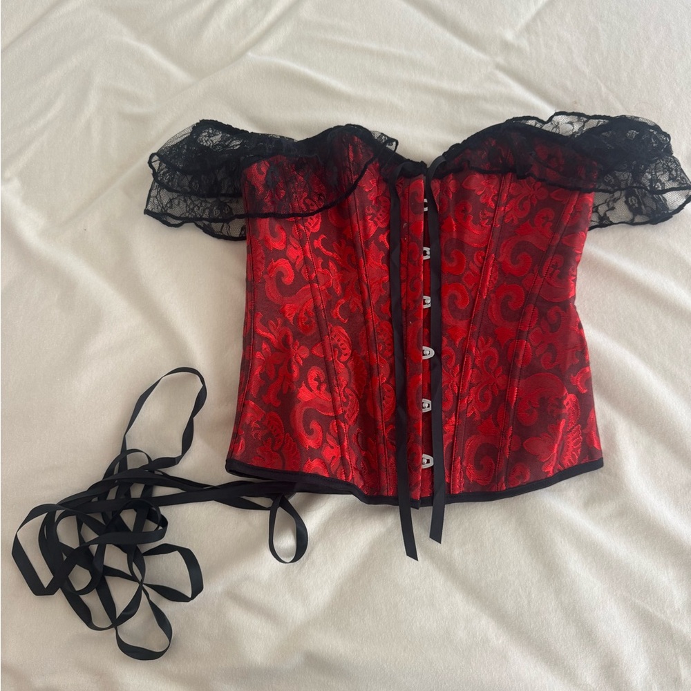 Red Brocade Lace Off-Shoulder Corset Top